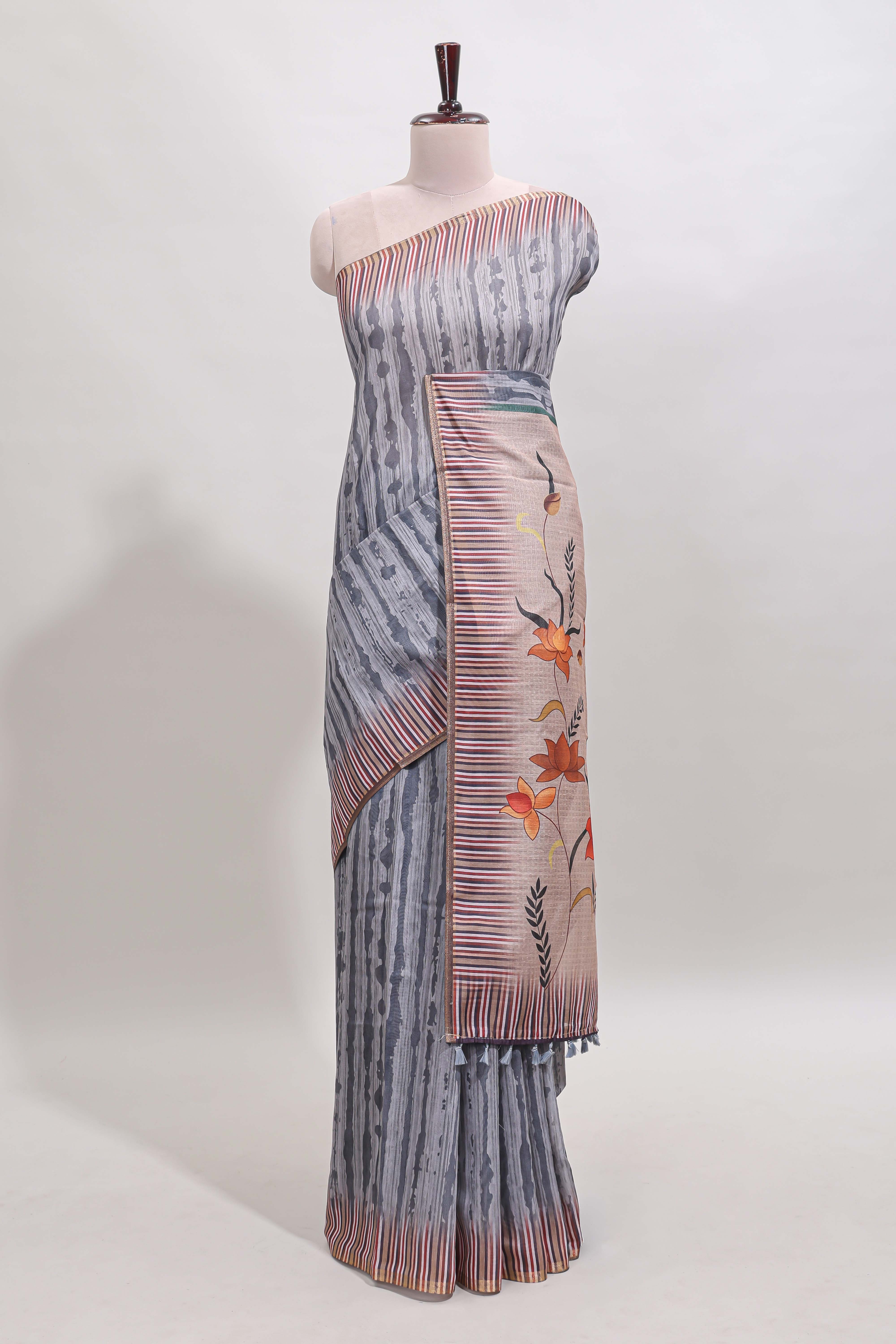 Grey striped digital print linen cotton saree with contrast border and floral design pallu