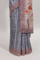 Grey striped digital print linen cotton saree with contrast border and floral design pallu