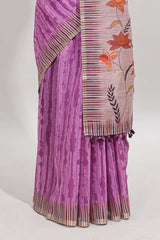 Ultra pink striped digital print linen cotton saree with contrast border and floral design pallu