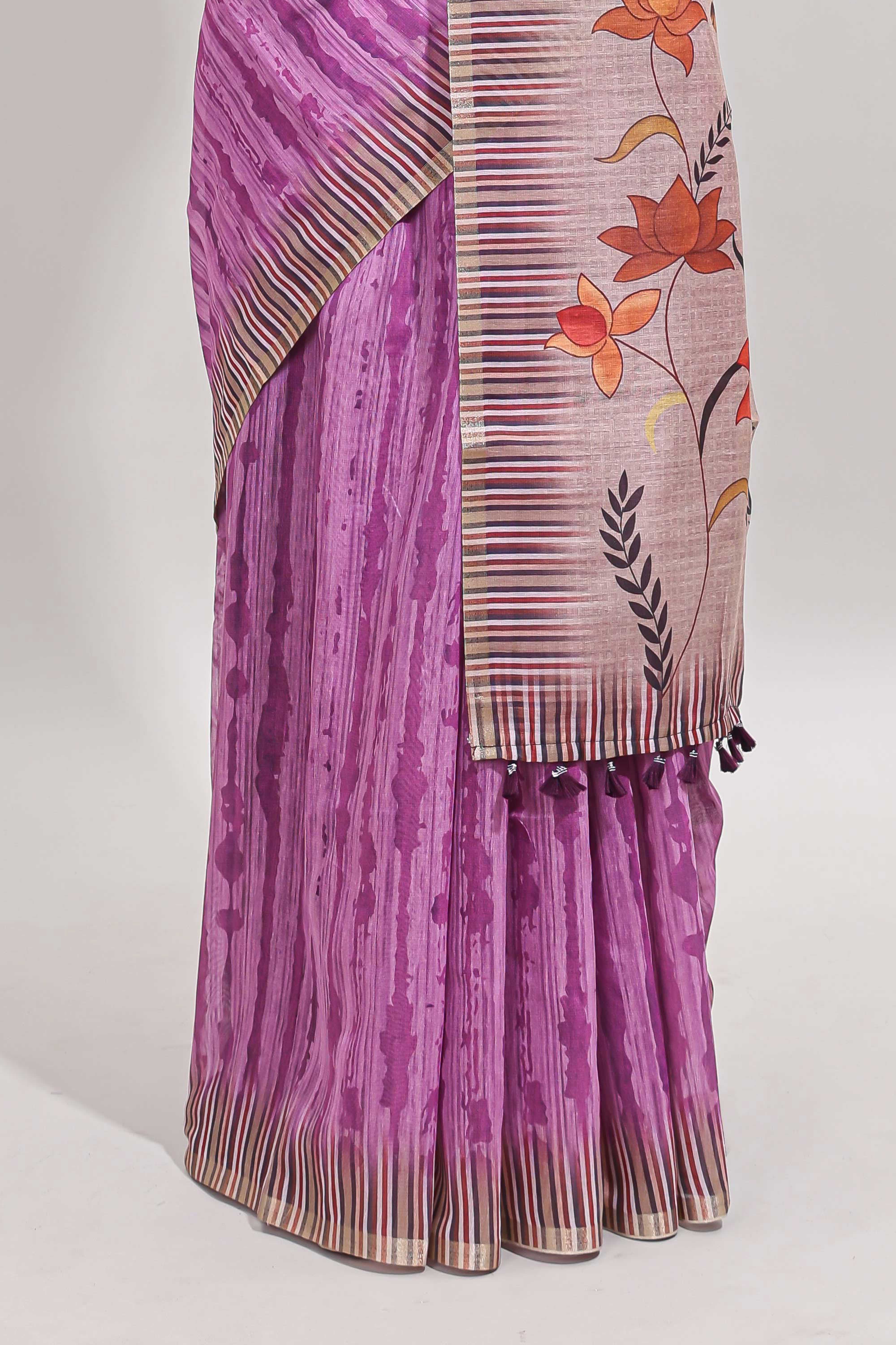 Ultra pink striped digital print linen cotton saree with contrast border and floral design pallu