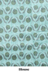 Turquoise green striped digital print linen cotton saree with contrast border and floral design pallu