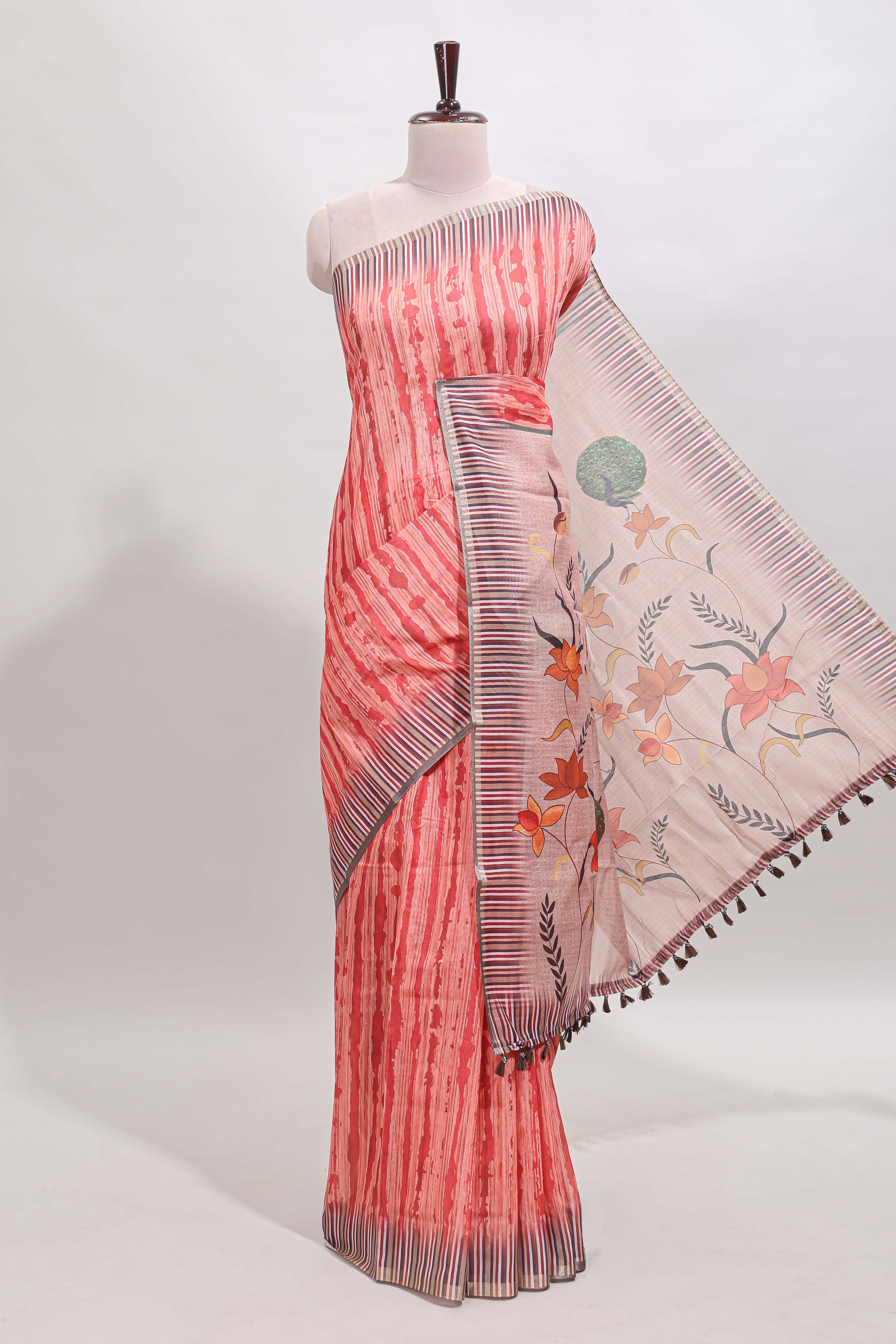 Orange striped digital print linen cotton saree with contrast border and floral design pallu
