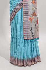 Turquoise blue striped digital print linen cotton saree with contrast border and floral design pallu