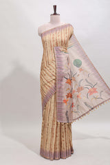 Mustard striped digital print linen cotton saree with contrast border and floral design pallu