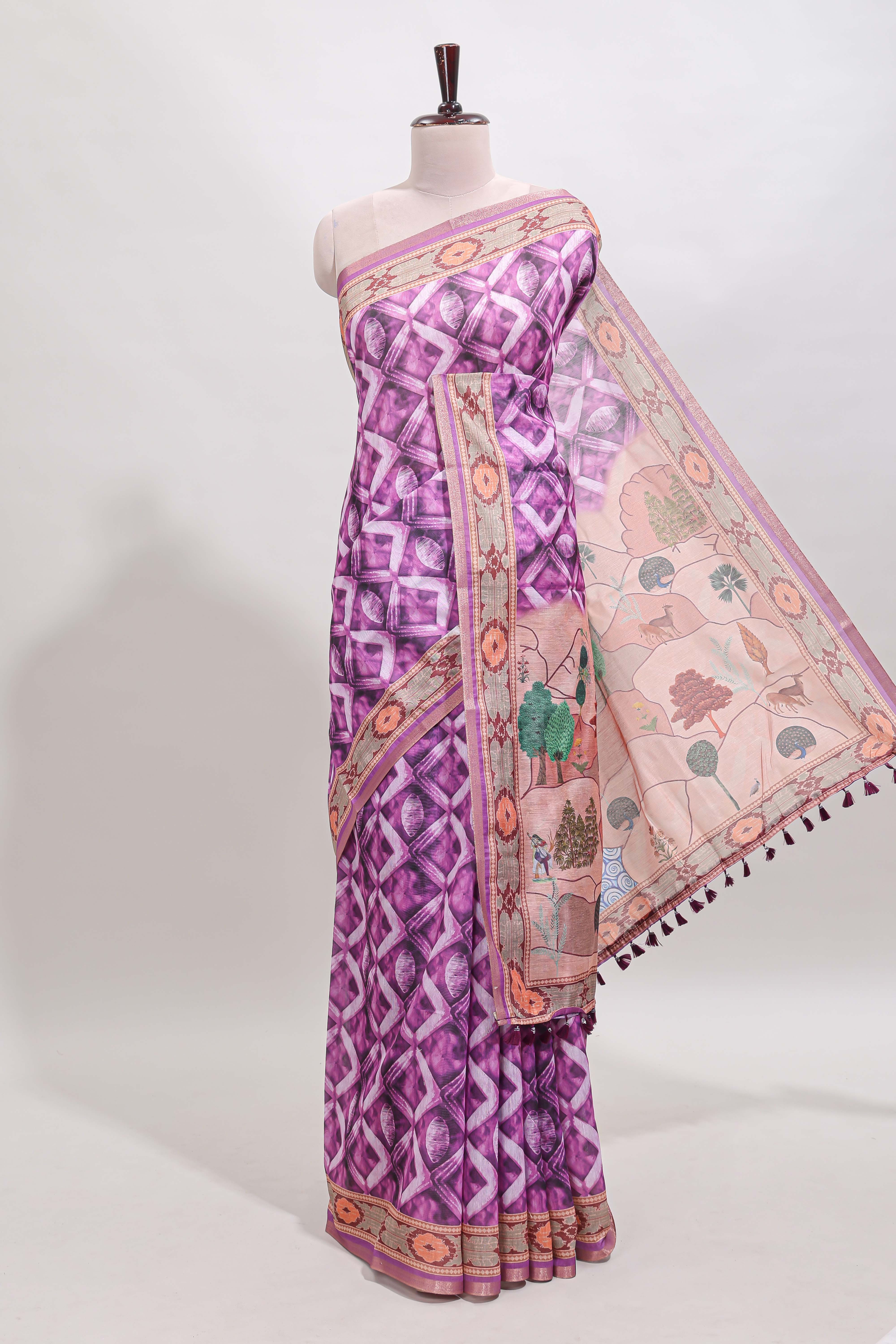 Purple geometric digital print linen cotton saree with self zari border and matching blouse