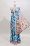 Blue geometric digital print linen cotton saree with self zari border and matching blouse
