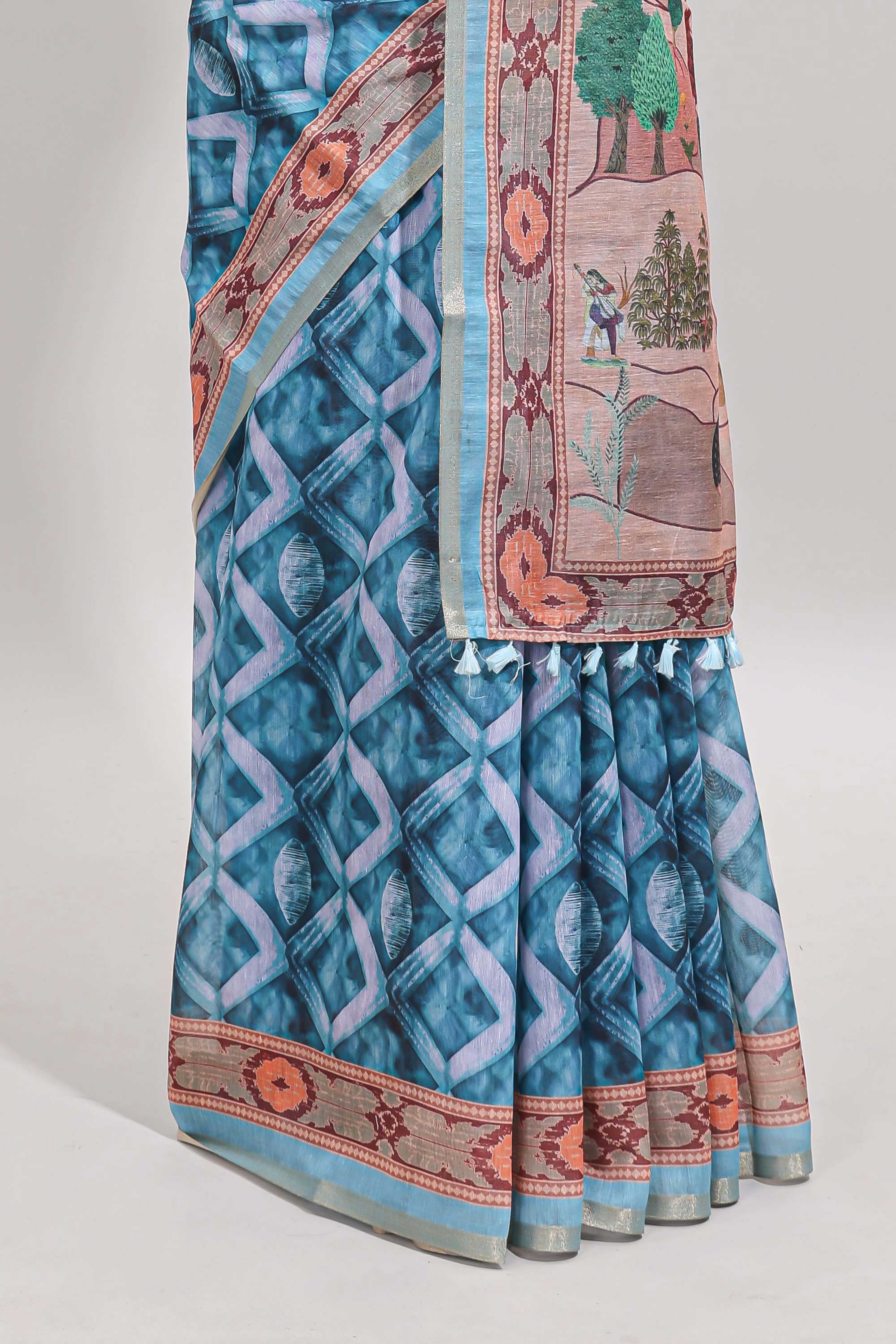 Blue geometric digital print linen cotton saree with self zari border and matching blouse
