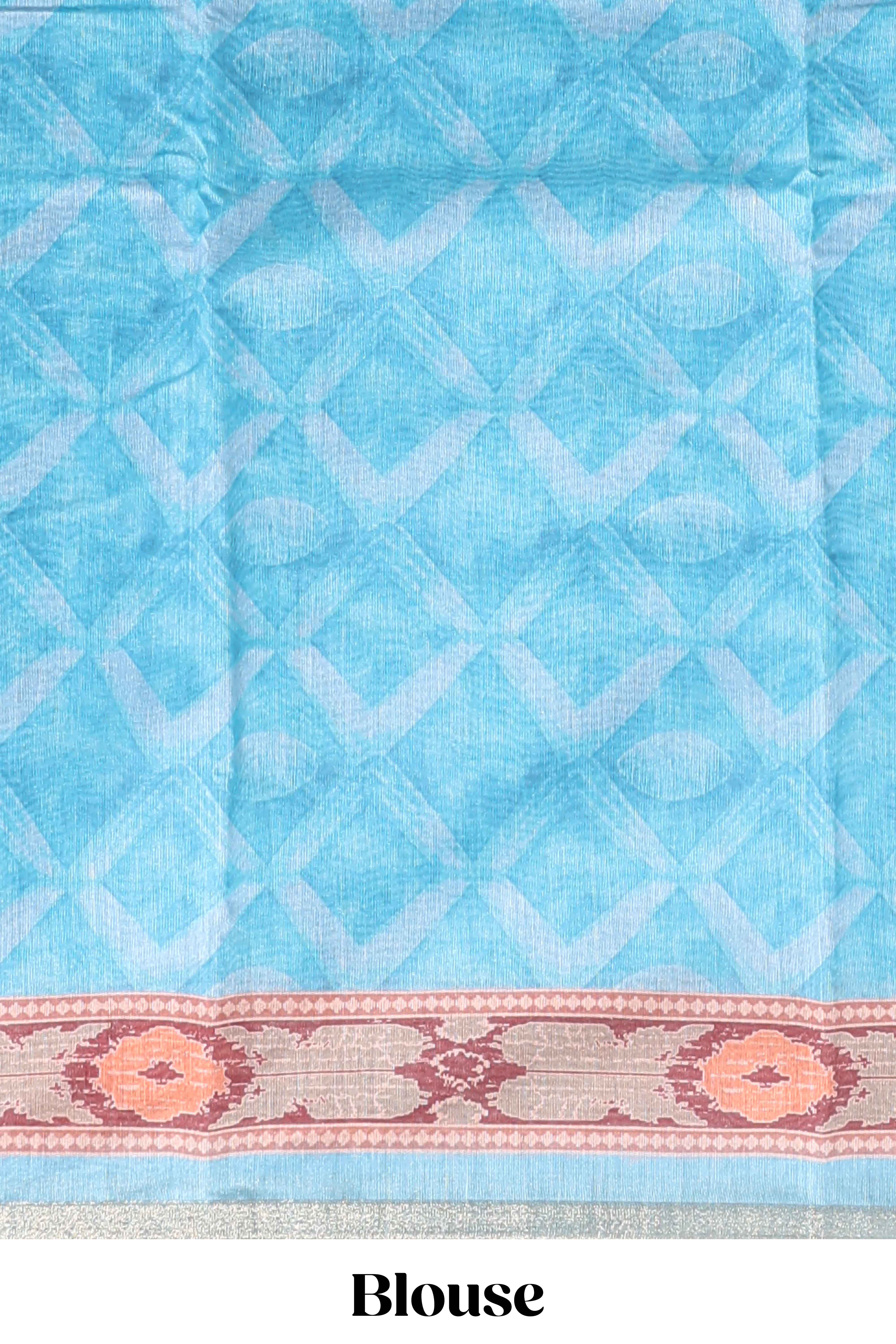 Blue geometric digital print linen cotton saree with self zari border and matching blouse