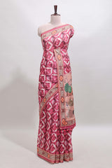 Pink geometric digital print linen cotton saree with self zari border and matching blouse
