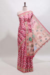Pink geometric digital print linen cotton saree with self zari border and matching blouse