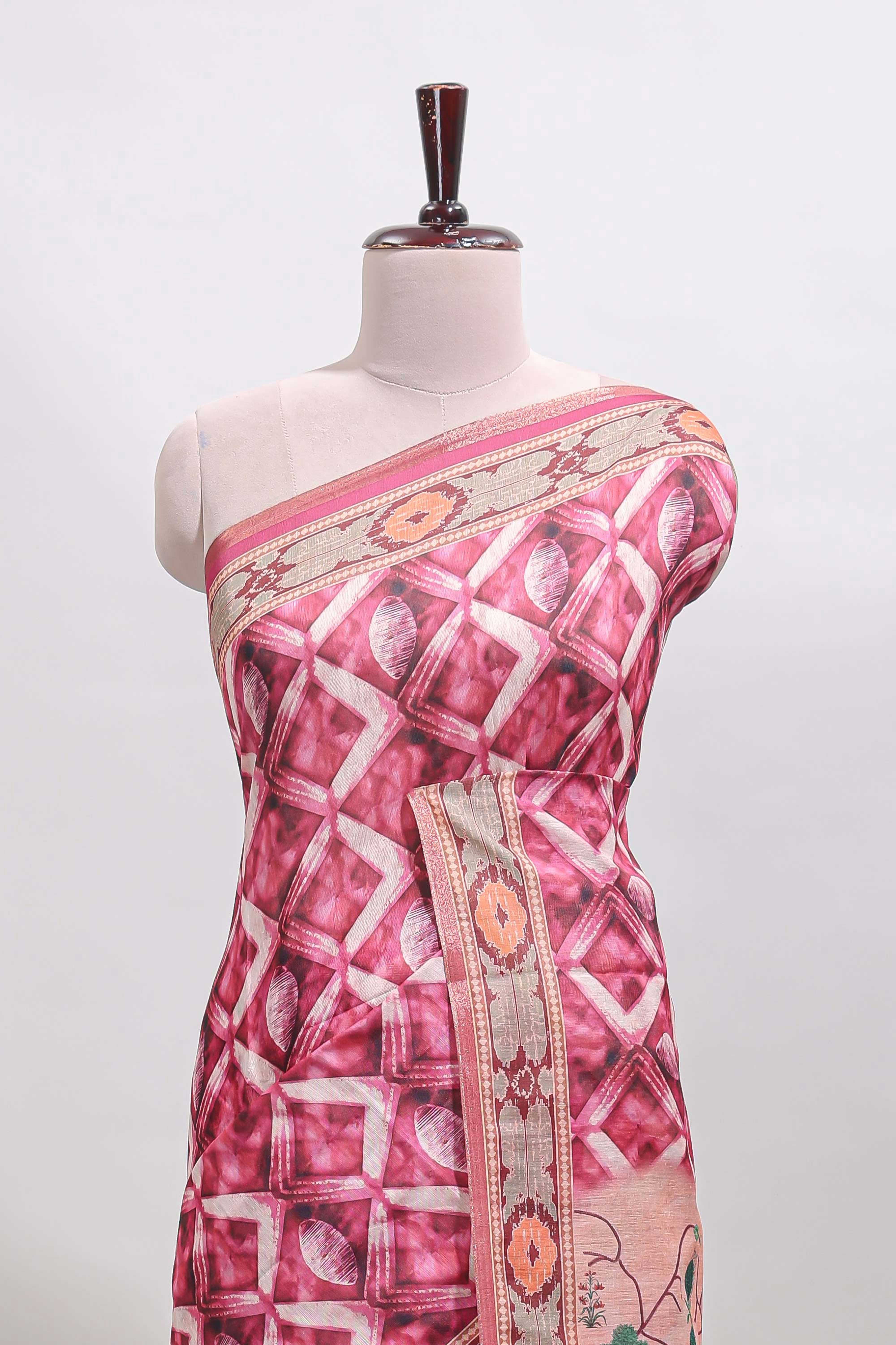 Pink geometric digital print linen cotton saree with self zari border and matching blouse