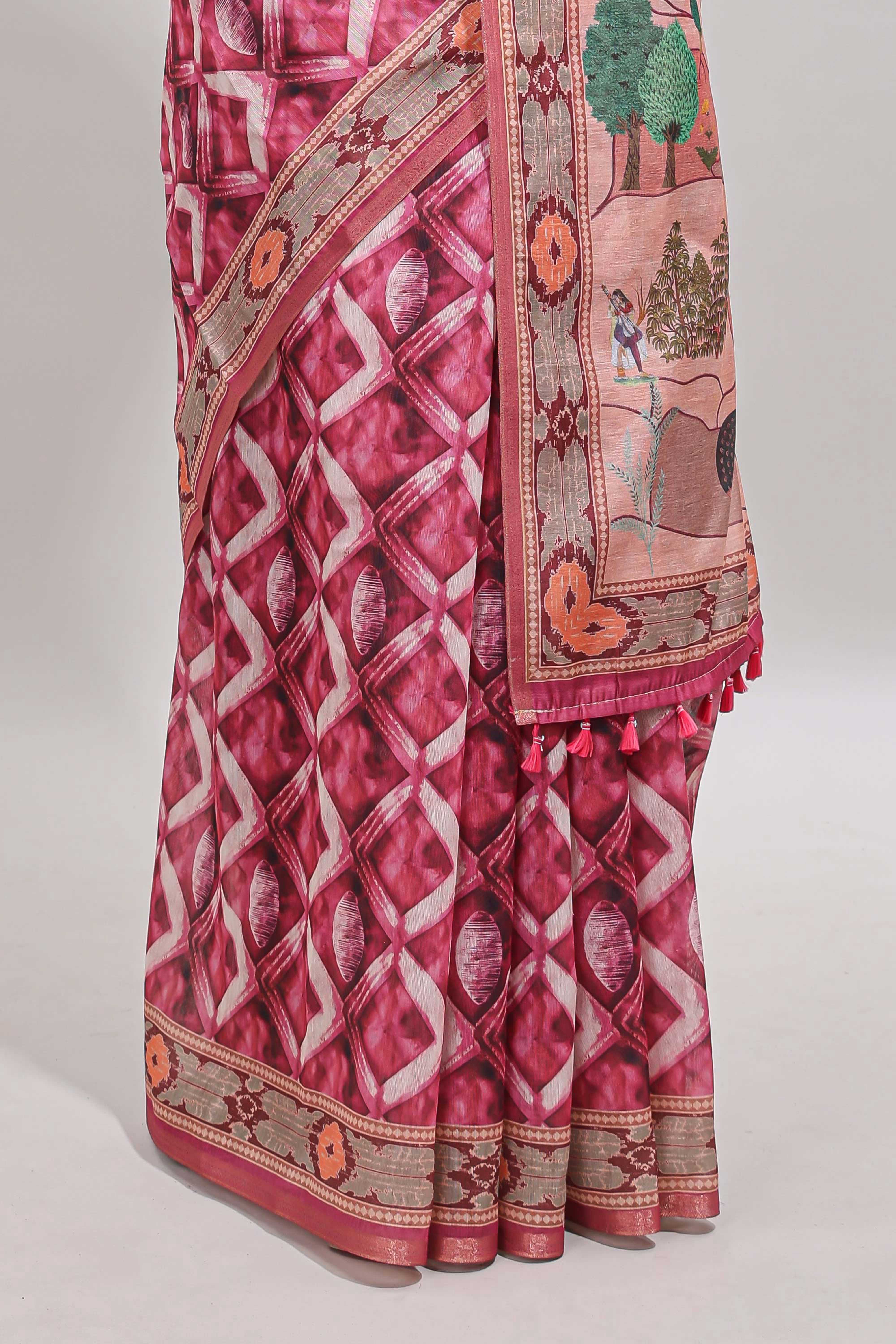 Pink geometric digital print linen cotton saree with self zari border and matching blouse