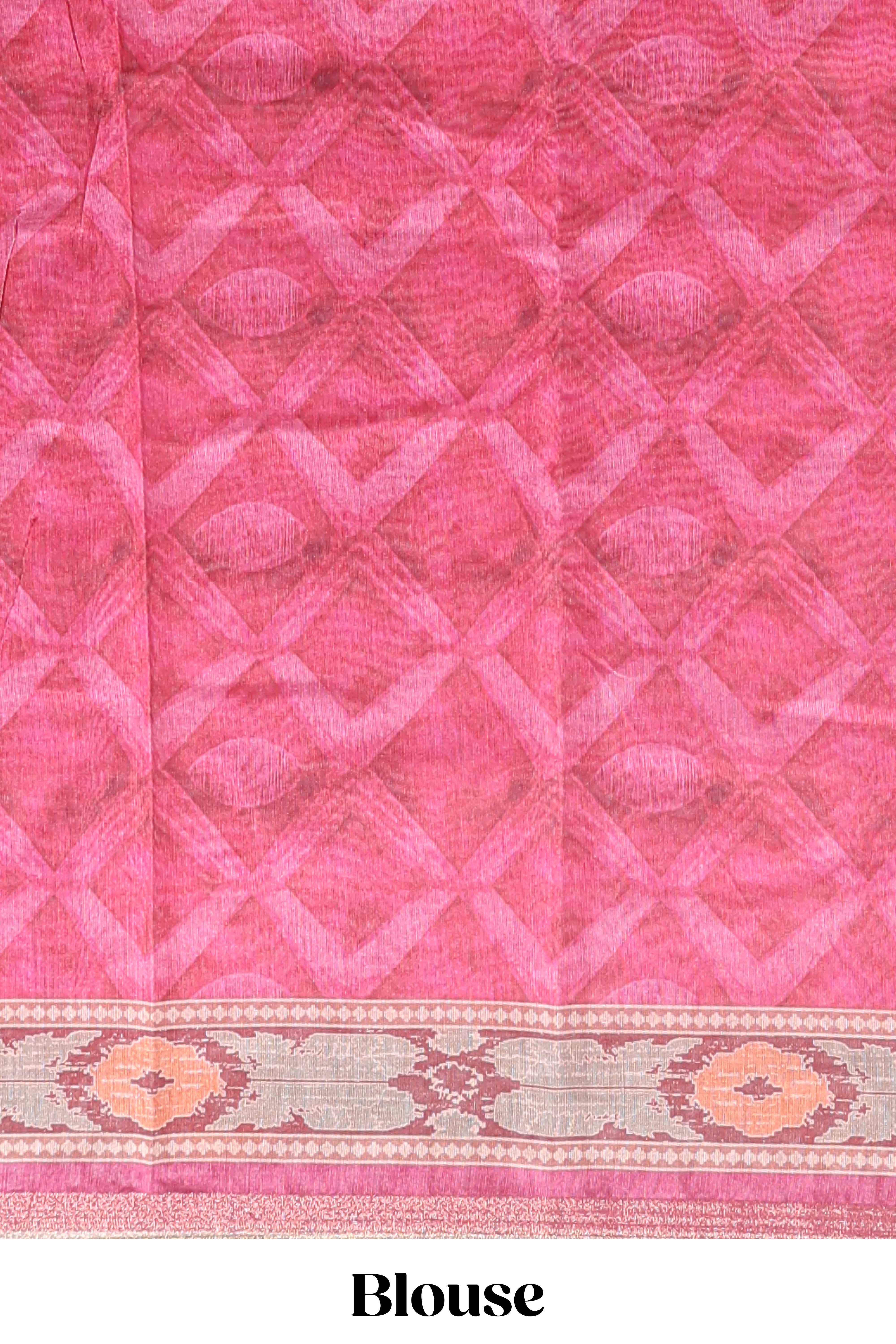 Pink geometric digital print linen cotton saree with self zari border and matching blouse