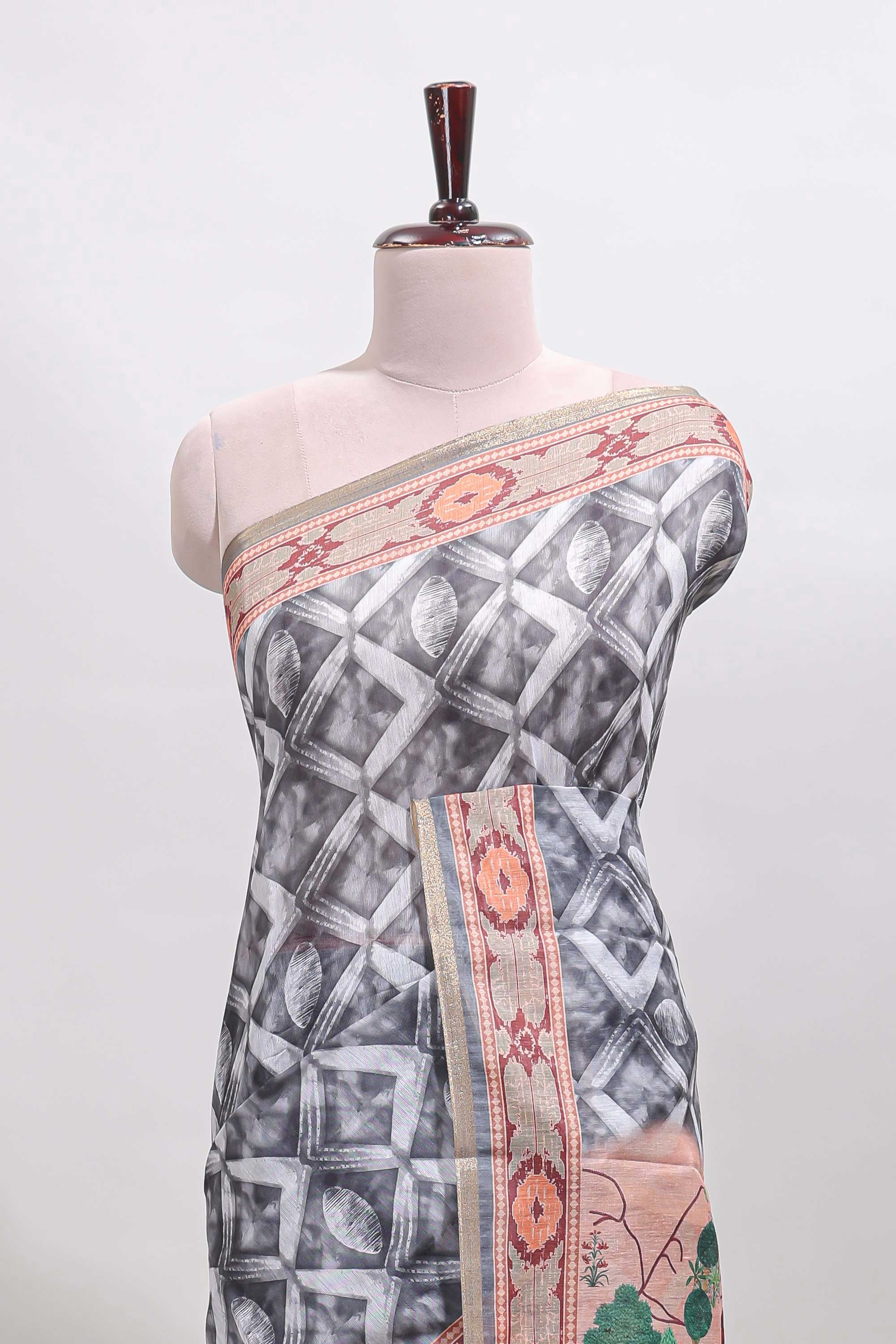 Grey geometric digital print linen cotton saree with self zari border and matching blouse