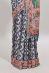 Grey geometric digital print linen cotton saree with self zari border and matching blouse