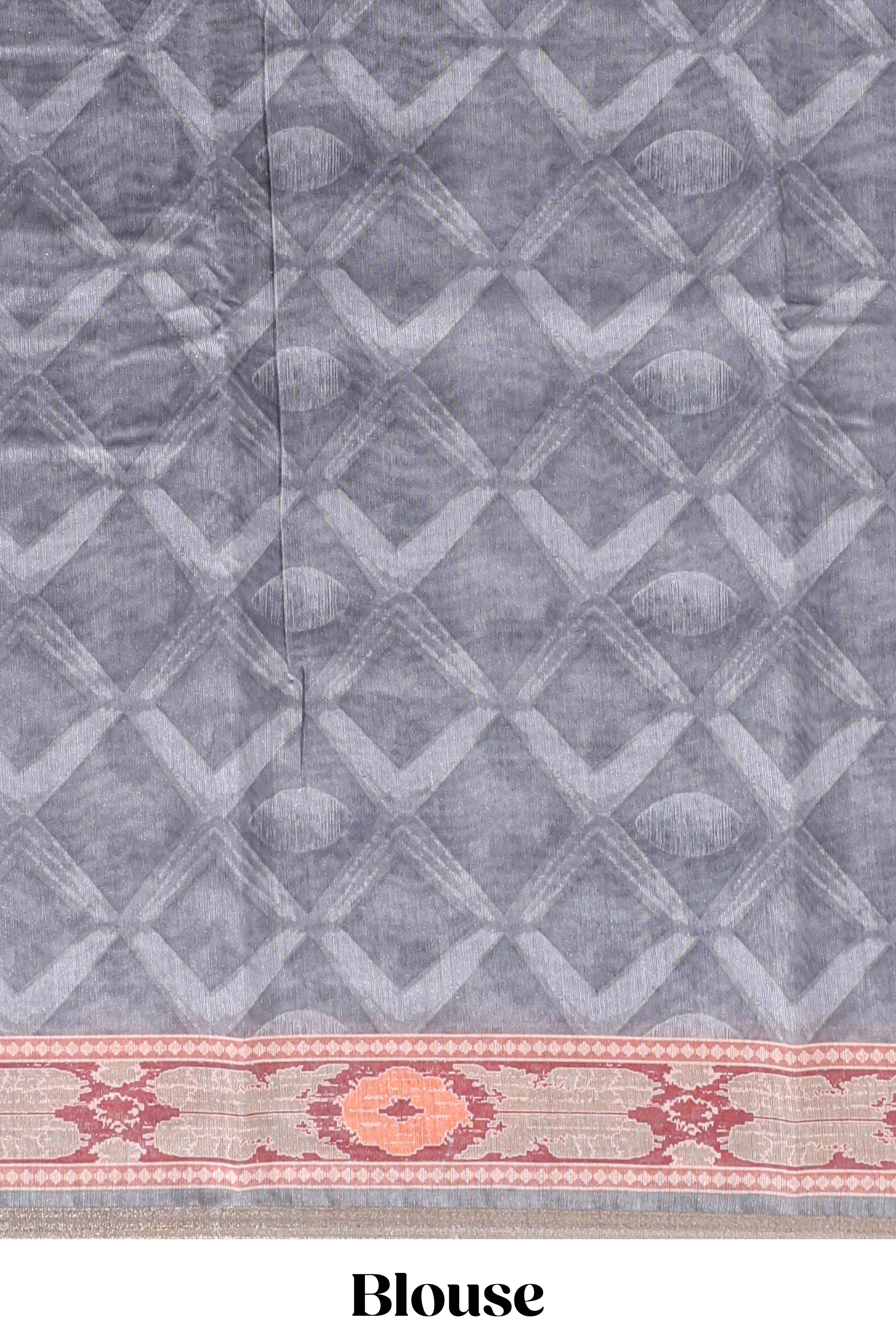 Grey geometric digital print linen cotton saree with self zari border and matching blouse