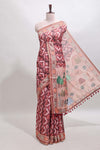 Peach geometric digital print linen cotton saree with self zari border and matching blouse