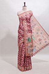 Peach geometric digital print linen cotton saree with self zari border and matching blouse