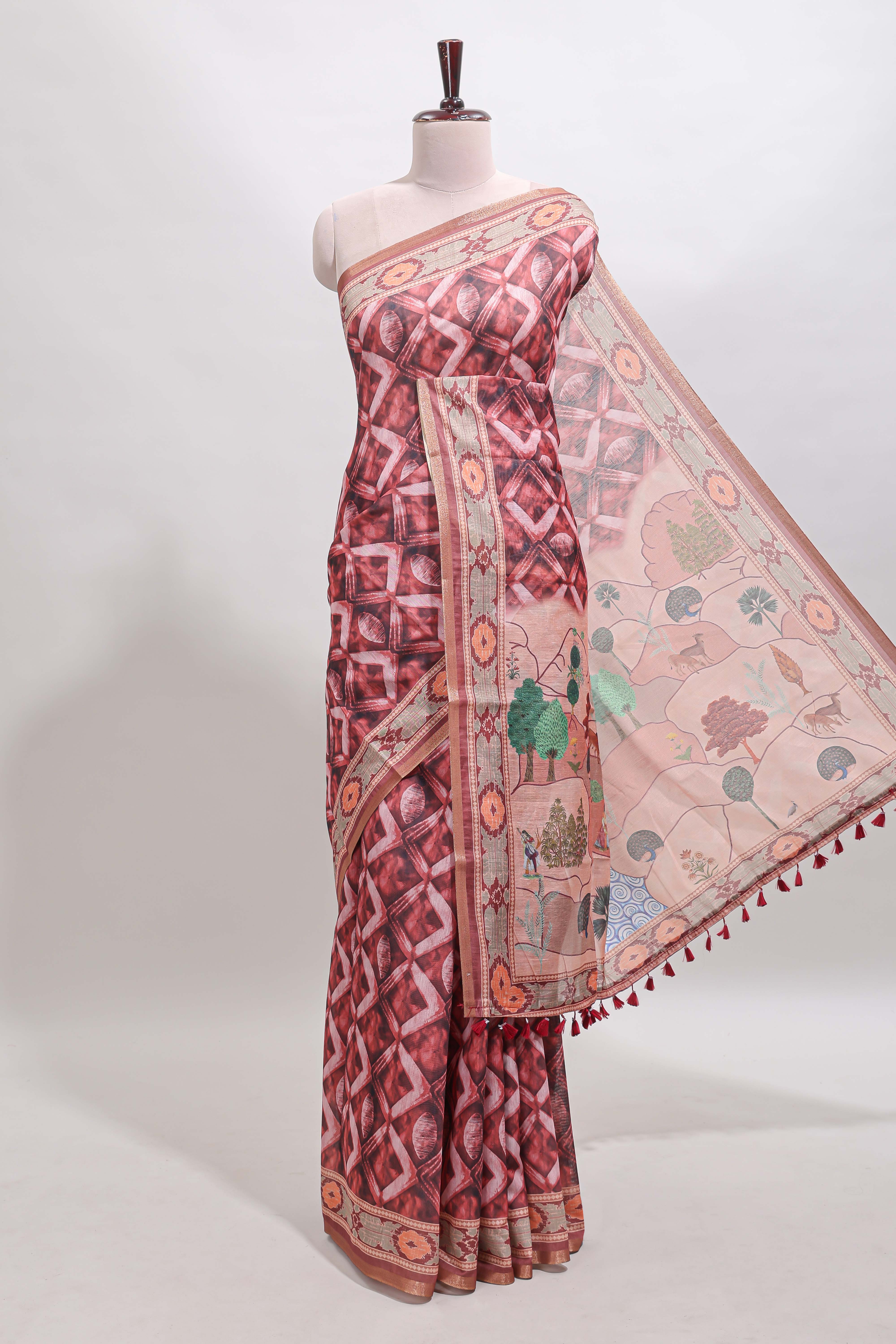 Peach geometric digital print linen cotton saree with self zari border and matching blouse