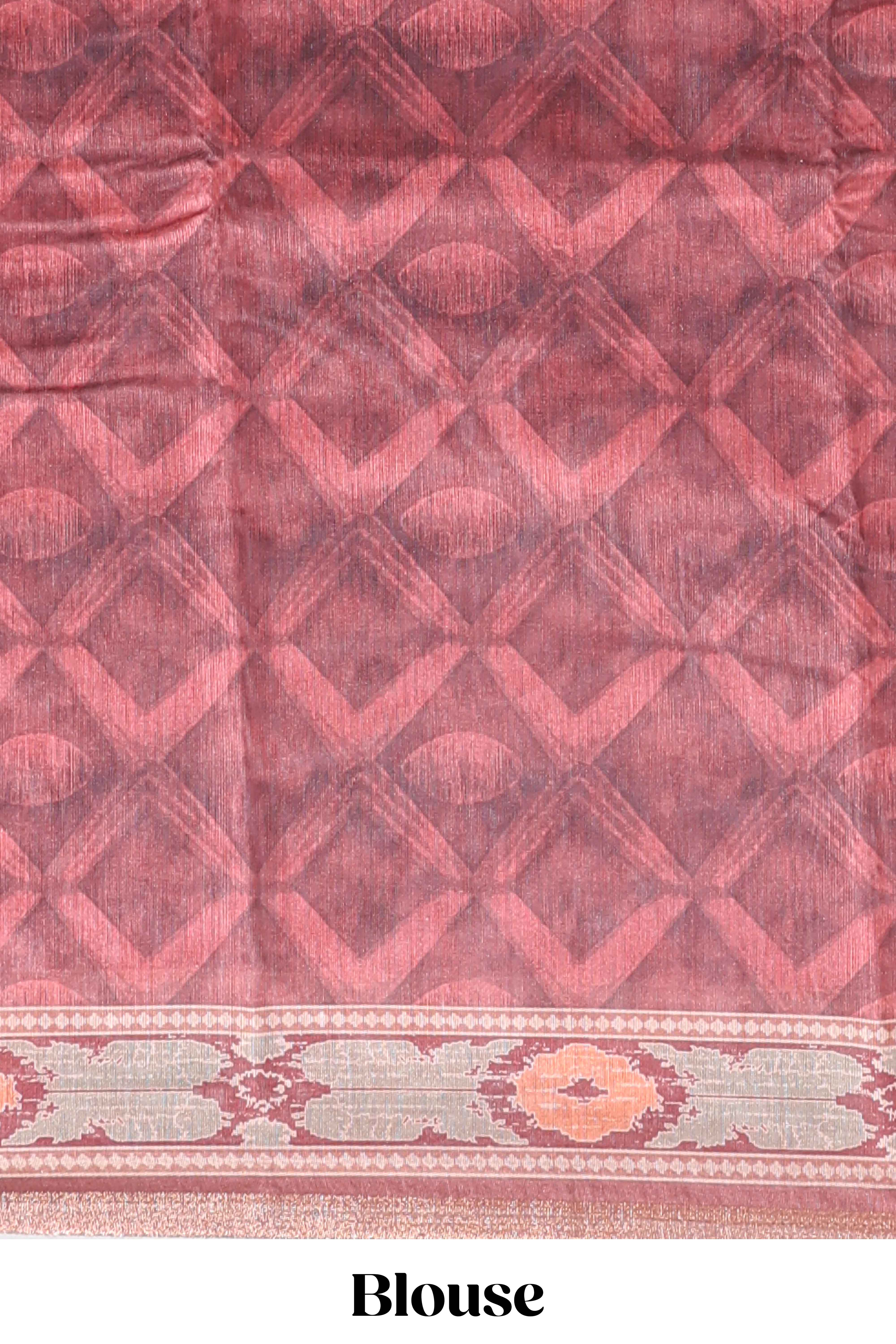Peach geometric digital print linen cotton saree with self zari border and matching blouse
