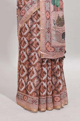 Brown geometric digital print linen cotton saree with self zari border and matching blouse