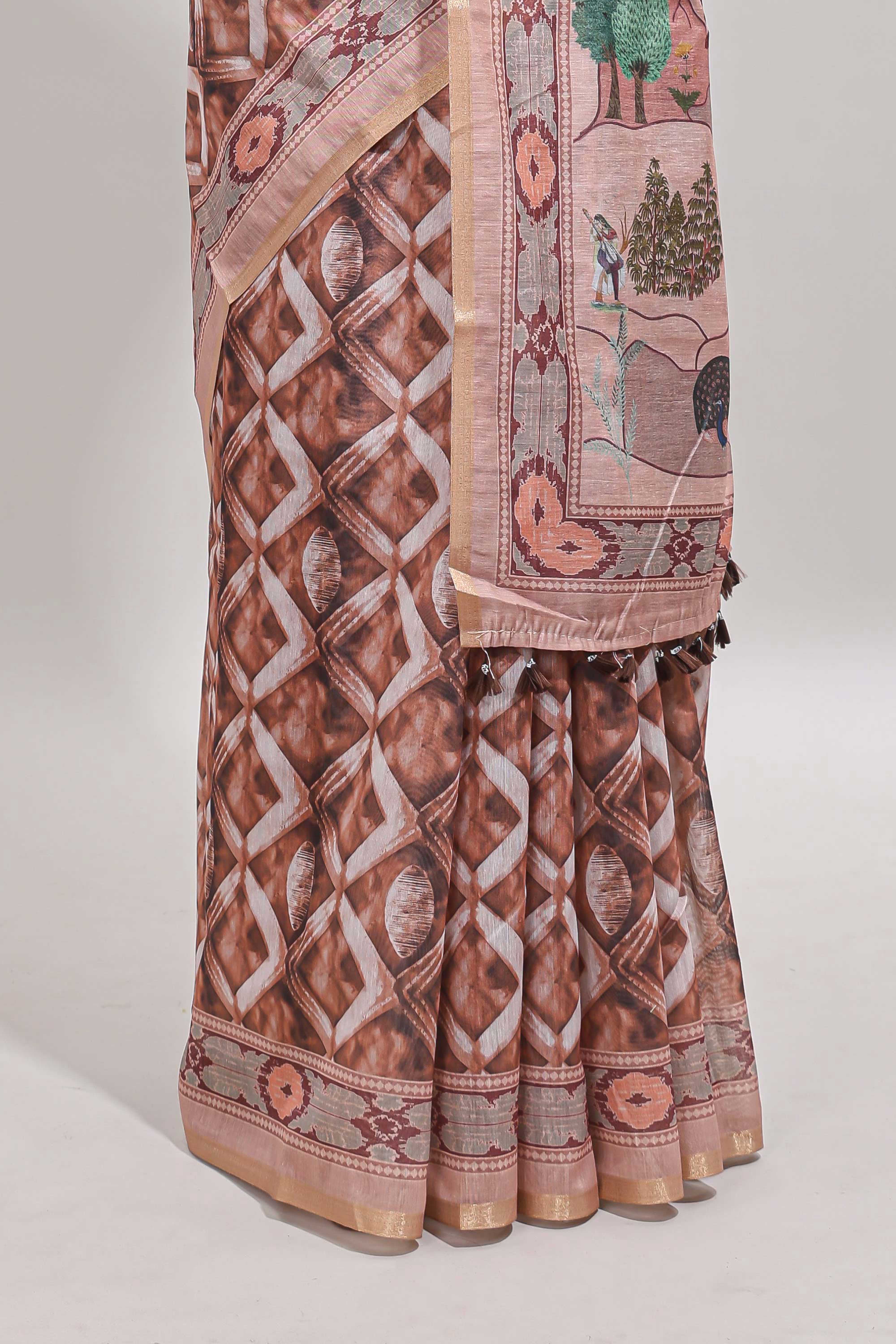 Brown geometric digital print linen cotton saree with self zari border and matching blouse