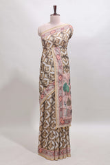 Olive green geometric digital print linen cotton saree with self zari border and matching blouse