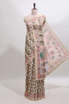 Olive green geometric digital print linen cotton saree with self zari border and matching blouse
