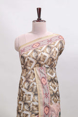 Olive green geometric digital print linen cotton saree with self zari border and matching blouse
