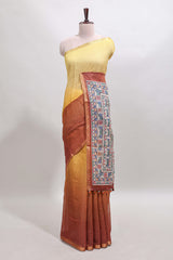 Yellow & brown dual shade checked linen cotton saree with self zari border and contrast printed pallu