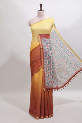 Yellow & brown dual shade checked linen cotton saree with self zari border and contrast printed pallu