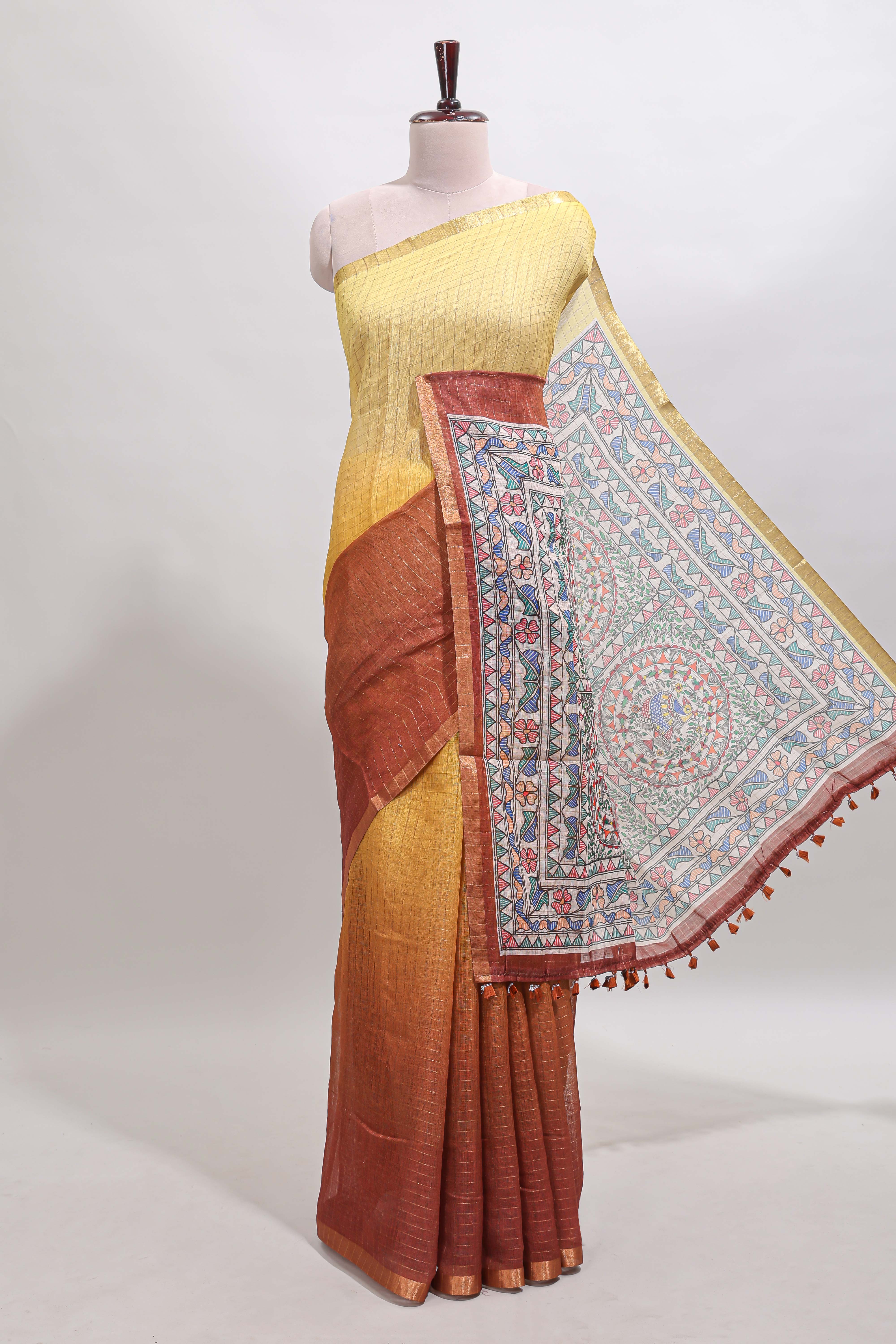 Yellow & brown dual shade checked linen cotton saree with self zari border and contrast printed pallu