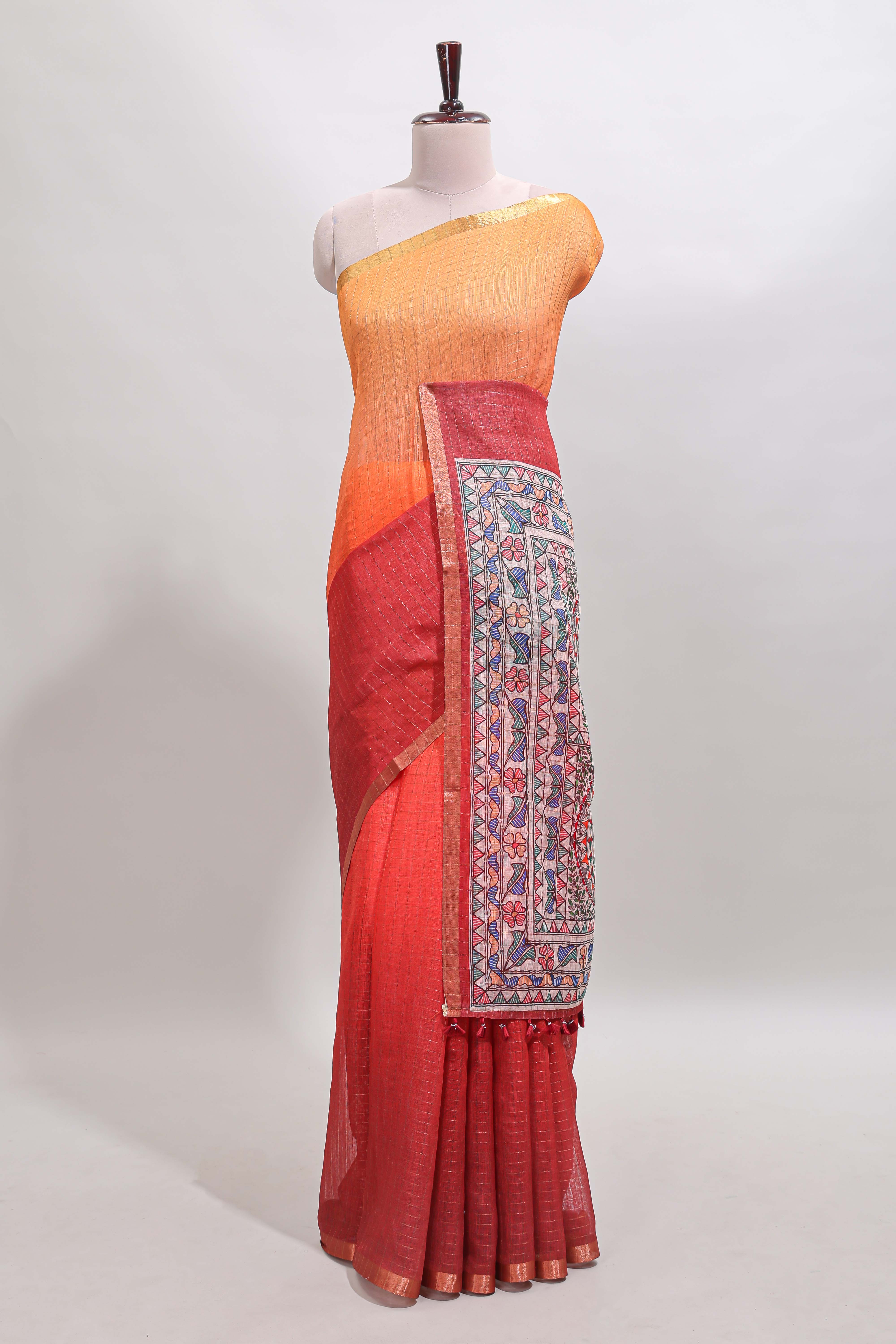 Orange & maroon dual shade checked linen cotton saree with self zari border and contrast printed pallu