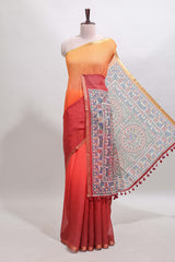 Orange & maroon dual shade checked linen cotton saree with self zari border and contrast printed pallu