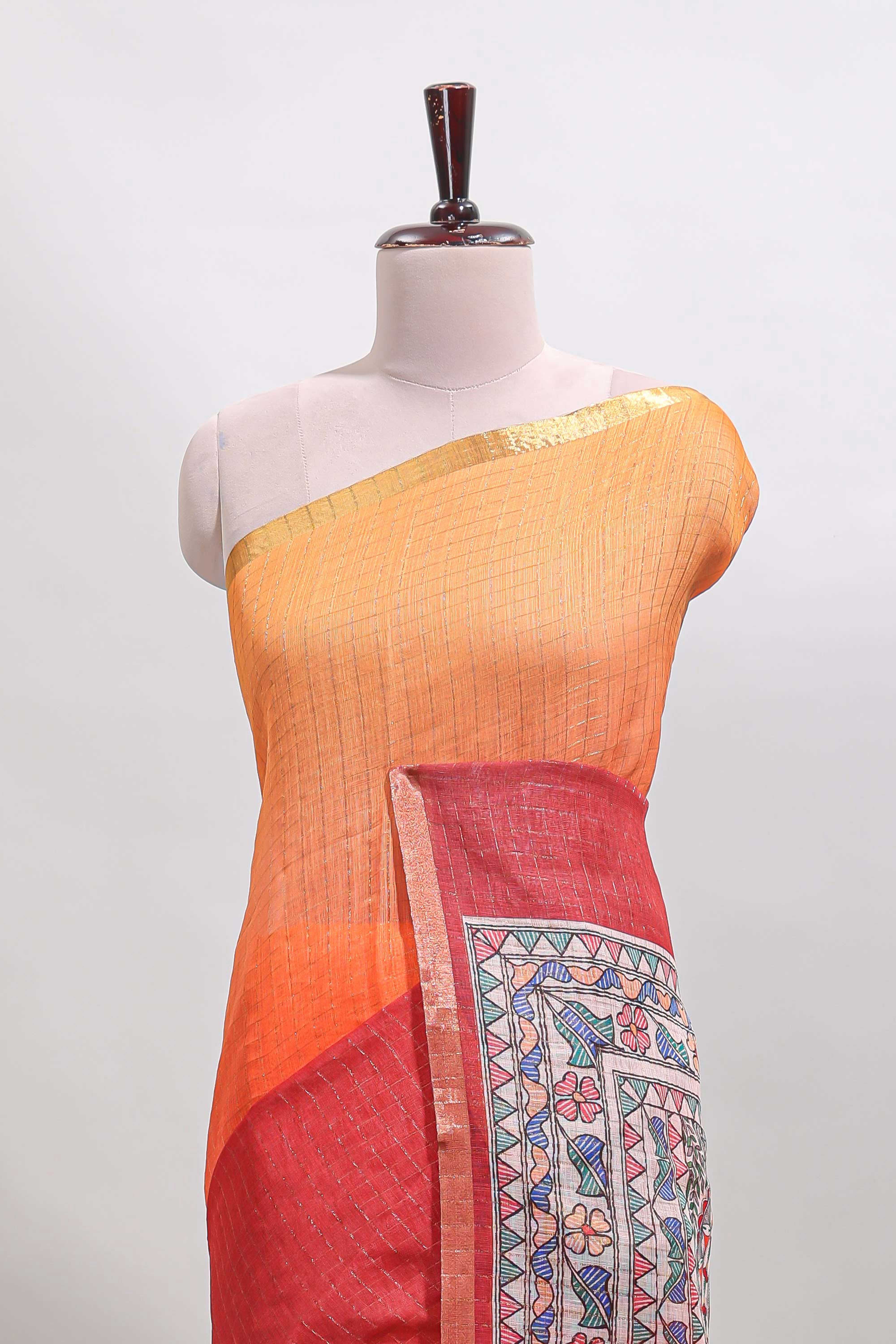 Orange & maroon dual shade checked linen cotton saree with self zari border and contrast printed pallu