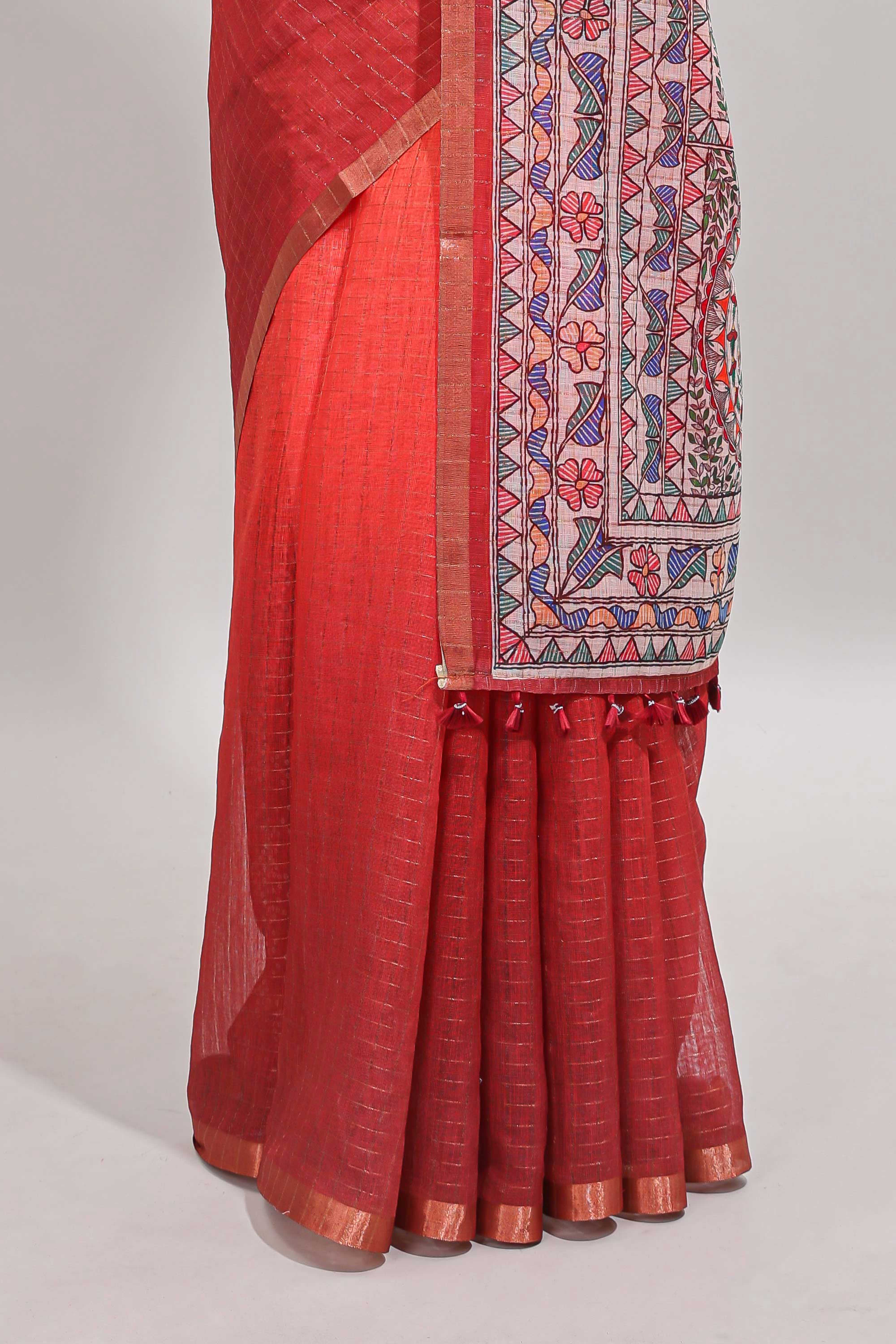 Orange & maroon dual shade checked linen cotton saree with self zari border and contrast printed pallu