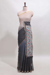 Off white & Black dual shade checked linen cotton saree with self zari border and contrast printed pallu
