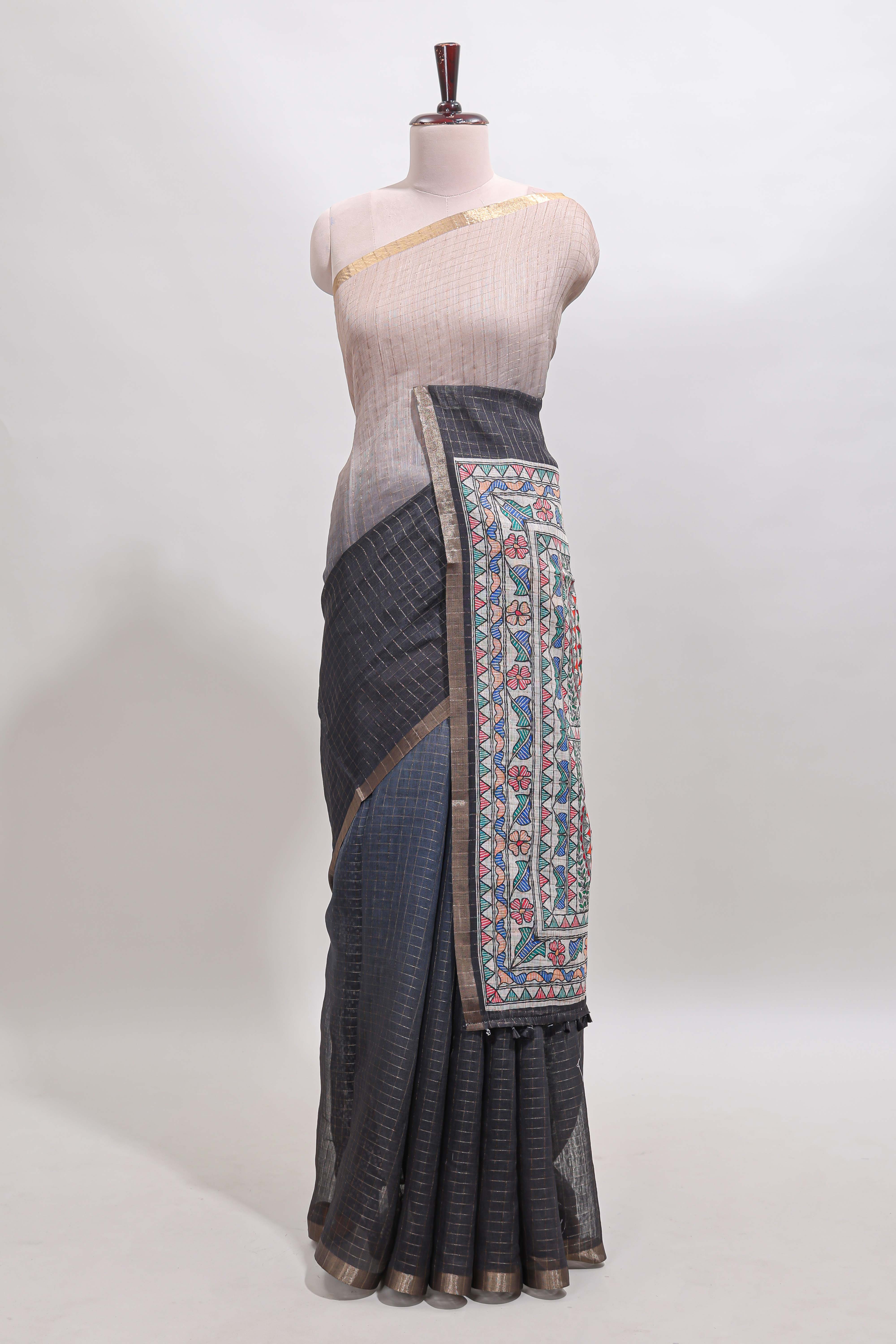 Off white & Black dual shade checked linen cotton saree with self zari border and contrast printed pallu