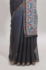 Off white & Black dual shade checked linen cotton saree with self zari border and contrast printed pallu