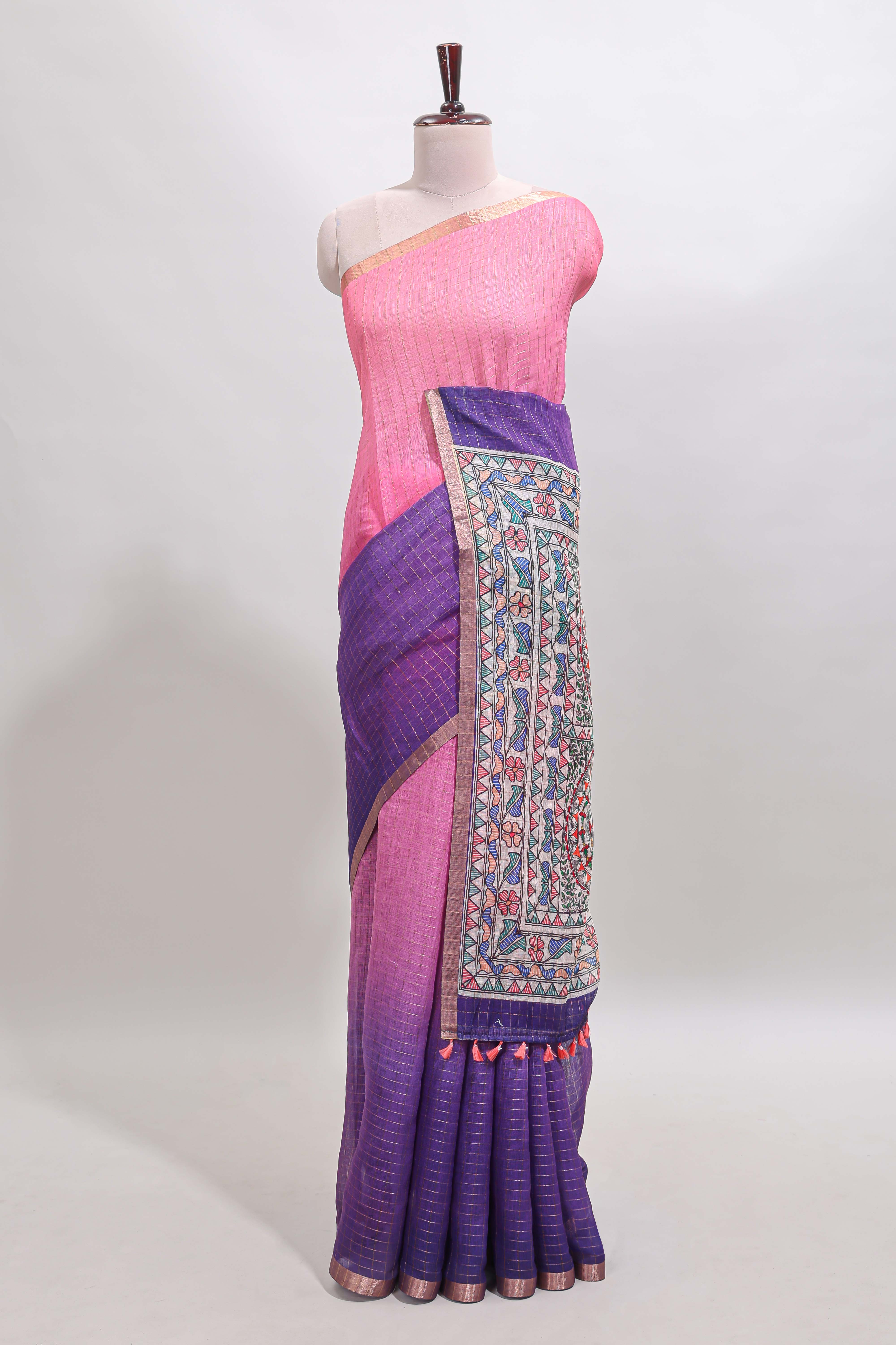 Pink & violet dual shade checked linen cotton saree with self zari border and contrast printed pallu