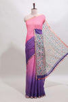 Pink & violet dual shade checked linen cotton saree with self zari border and contrast printed pallu