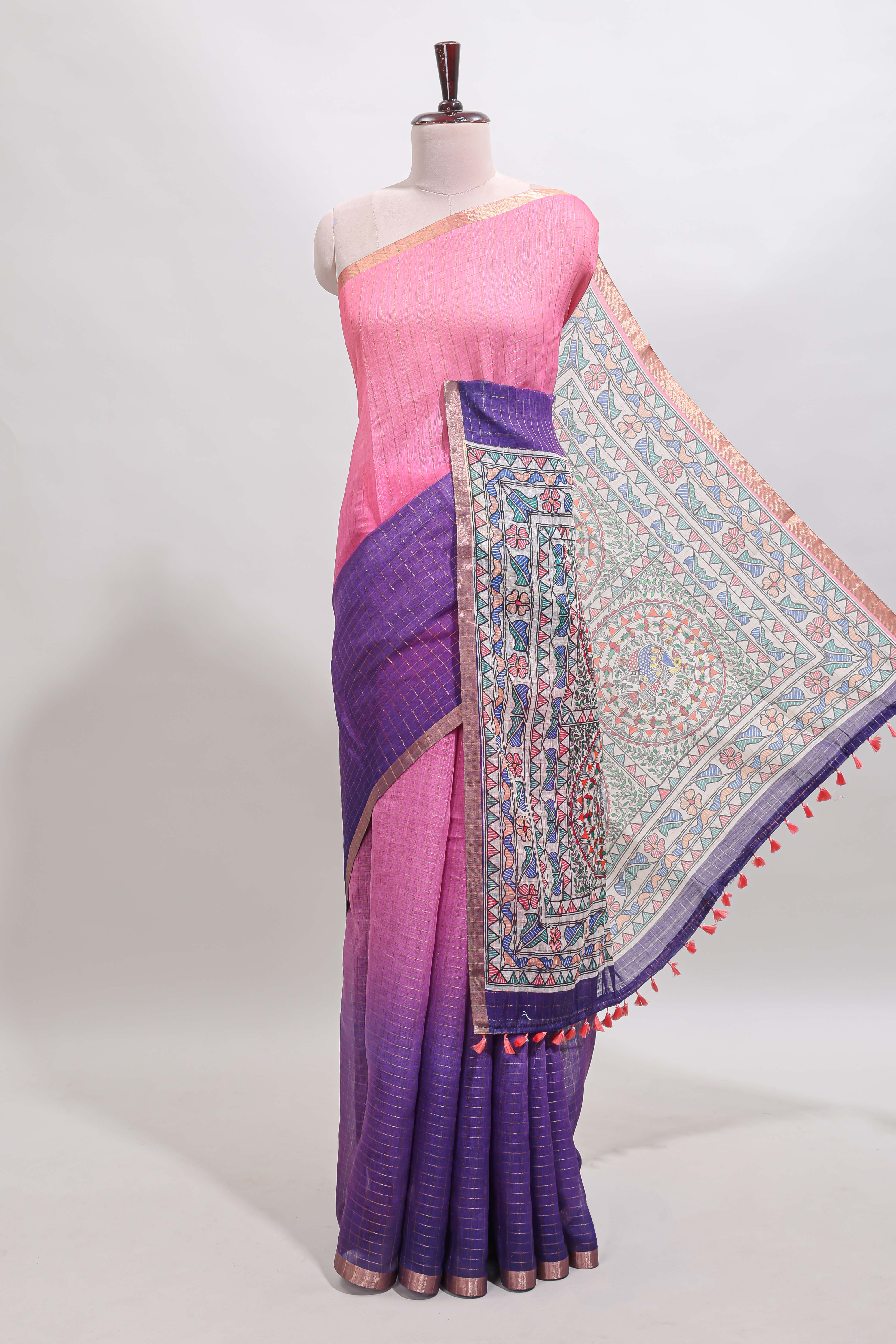 Pink & violet dual shade checked linen cotton saree with self zari border and contrast printed pallu