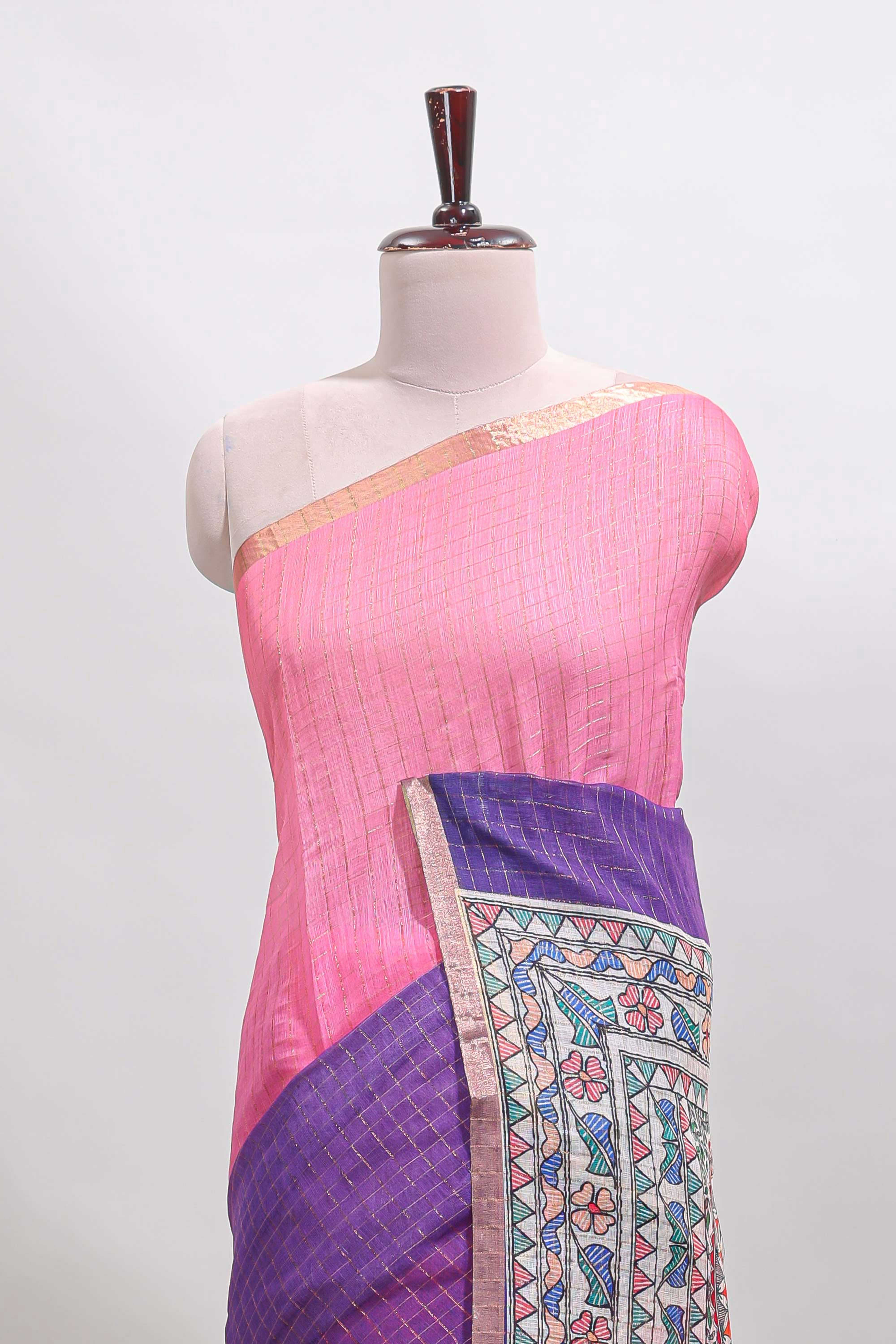 Pink & violet dual shade checked linen cotton saree with self zari border and contrast printed pallu