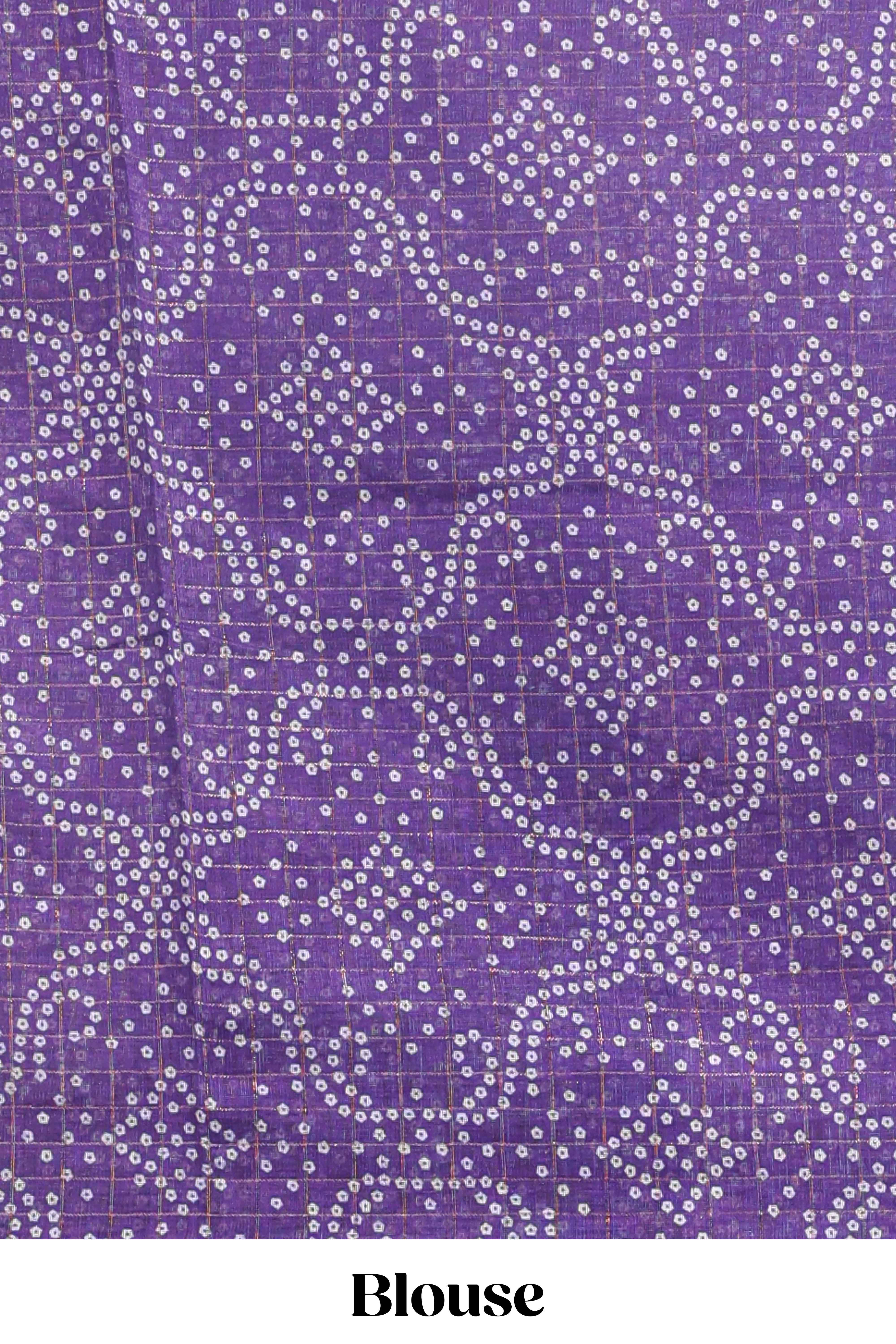 Pink & violet dual shade checked linen cotton saree with self zari border and contrast printed pallu