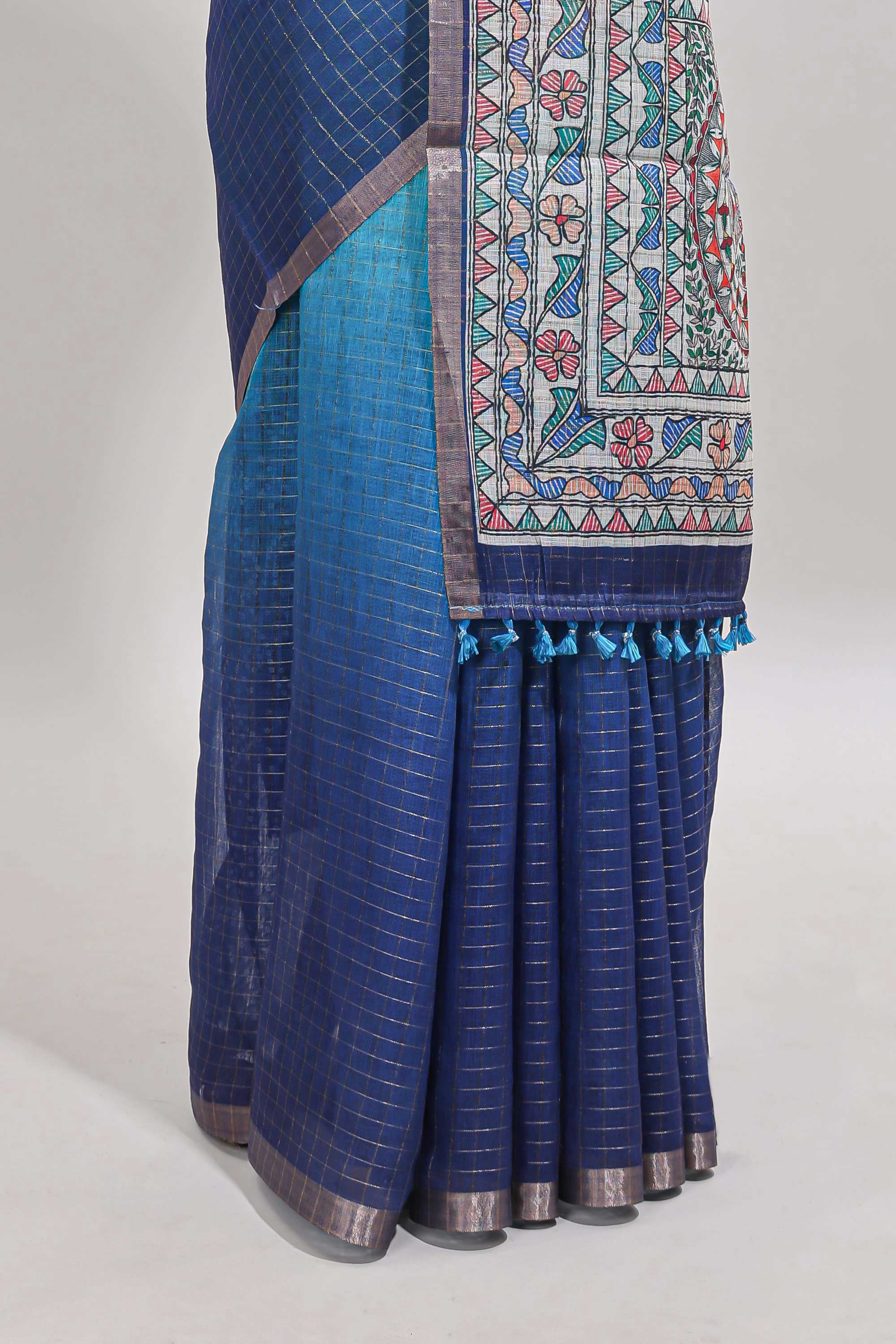 Turquoise green & blue dual shade checked linen cotton saree with self zari border and contrast printed pallu