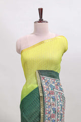 Yellow & green dual shade checked linen cotton saree with self zari border and contrast printed pallu