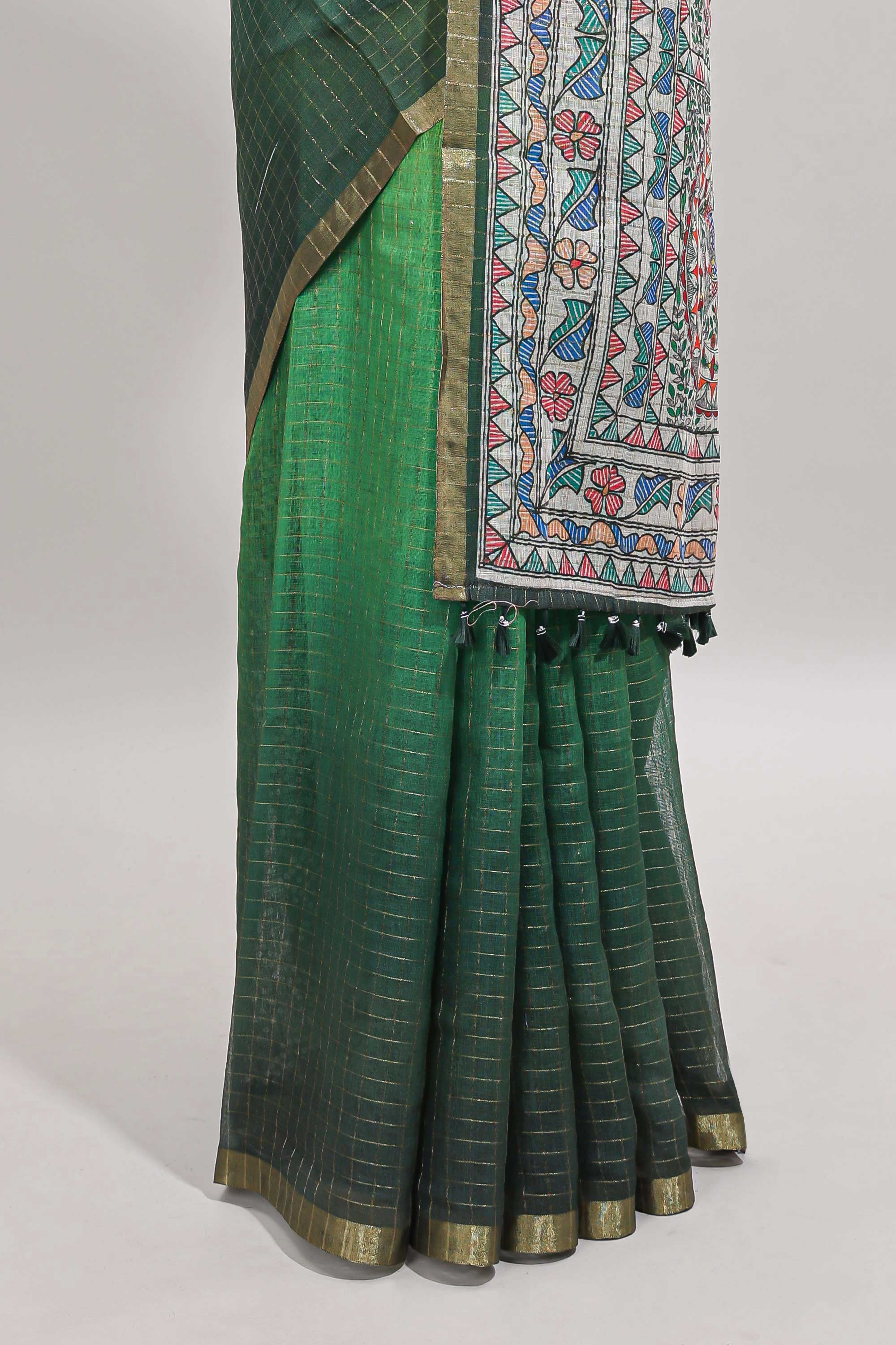 Yellow & green dual shade checked linen cotton saree with self zari border and contrast printed pallu