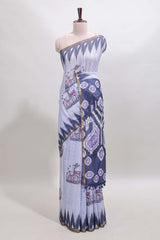 Lavender deer & fawn motifs linen cotton saree with self zari border and contrast ikkat style pallu