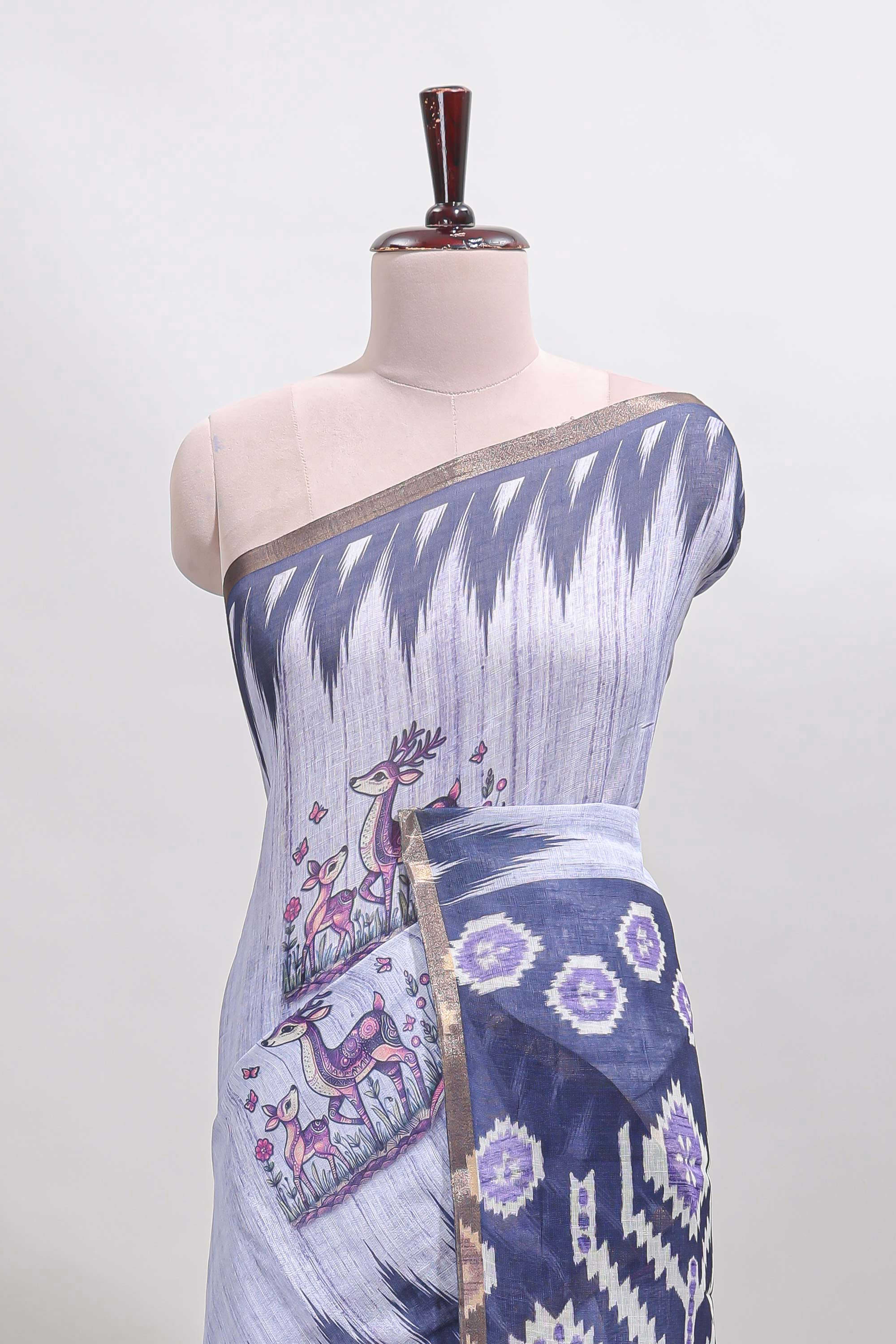 Lavender deer & fawn motifs linen cotton saree with self zari border and contrast ikkat style pallu