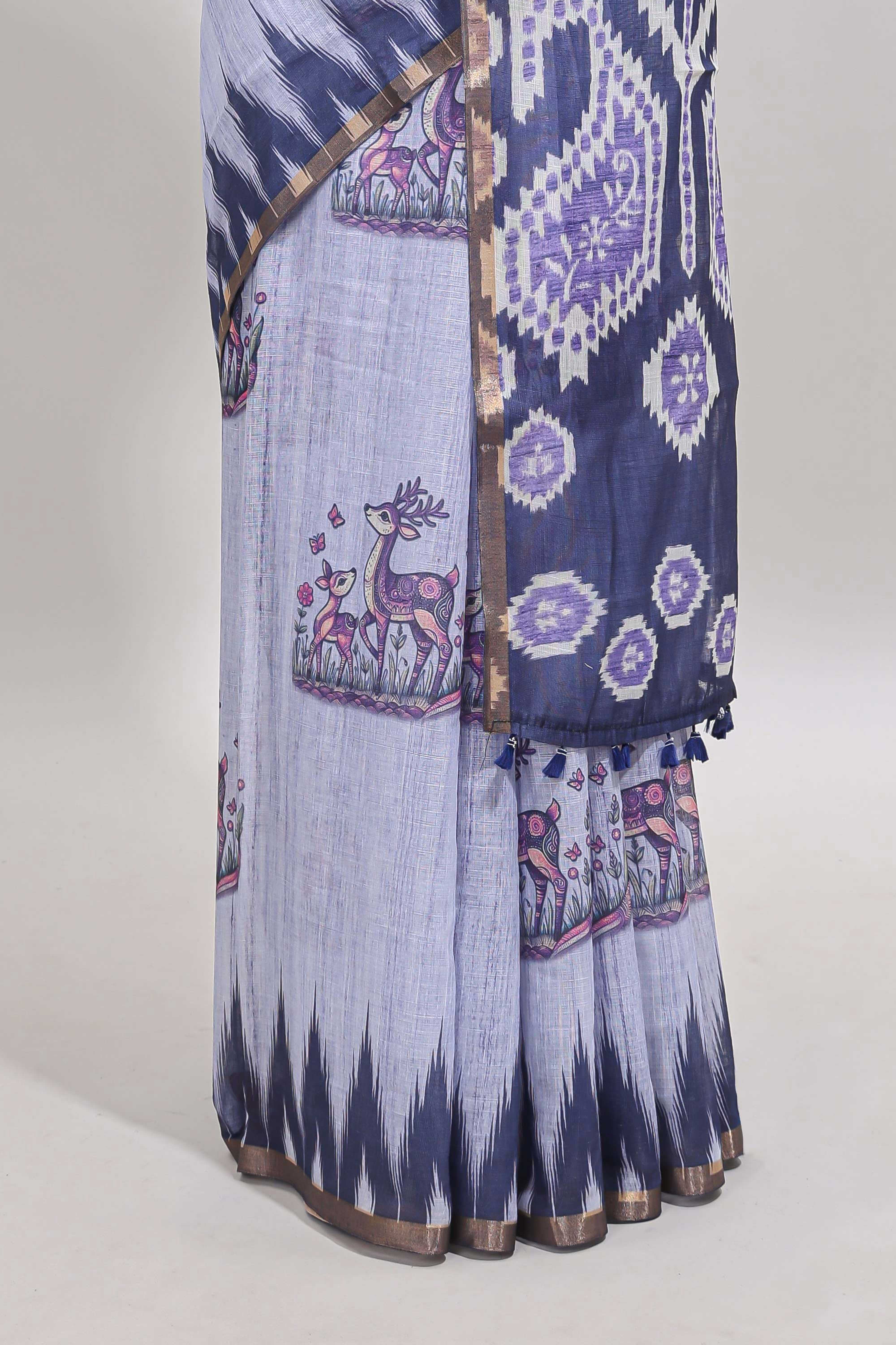 Lavender deer & fawn motifs linen cotton saree with self zari border and contrast ikkat style pallu